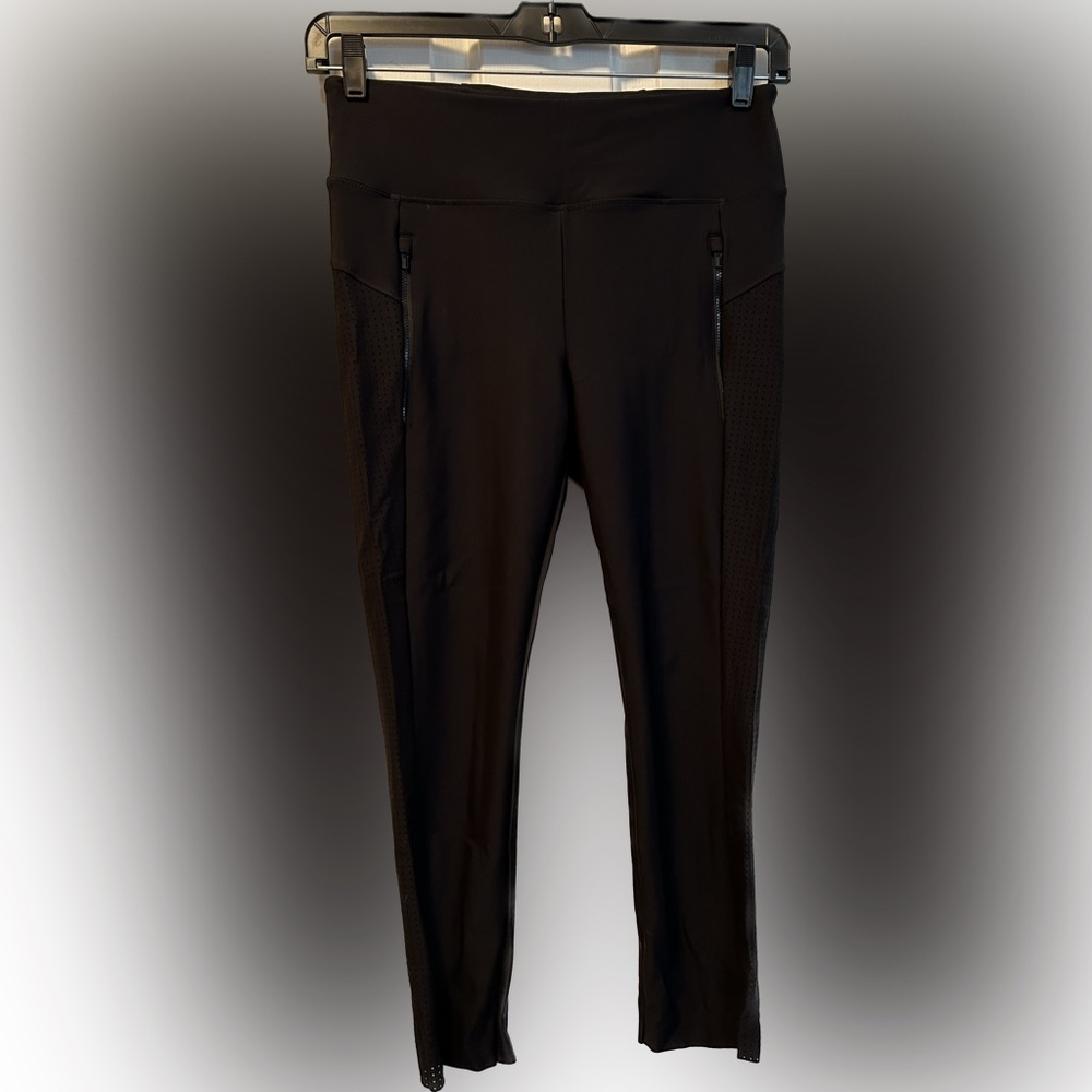 Athleta Black Laser Cut Leggings with Front Vertical Zipper Detail, Size M